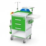 Wózek reanimacyjny REN-03/ST: szafka z 3 szufladami, blat boczny wysuwany, pojemnik na zużyte igły, koszyk, kroplówka, półka pod defibrylator, uchwyt do butli, deska do RKO