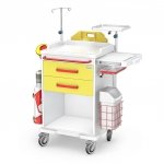 Wózek reanimacyjny REN-02/ABS: szafka z 2 szufladami, blat boczny wysuwany, koszyk, kroplówka, kosz na odpady, półka pod defibrylator, uchwyt do butli, deska do RKO 
