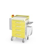 Wózek anestezjologiczny ANS-04/ST: szafka z 4 szufladami, blat boczny wysuwany, pojemnik na narzędzia, pojemnik na zużyte igły, kosz na cewniki, kosz kolanowy, zamek centralny