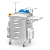 Wózek reanimacyjny REN-50R nierdzewny: szafka z 5 szufladami, blat boczny wysuwany, pojemniki na narzędzia i na zużyte igły, kroplówka, kosz na odpady, półka pod defibrylator, uchwyt do butli, deska do RKO 