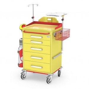 Wózek reanimacyjny REN-05/ST: szafka z 5 szufladami, koszyk, pojemnik na zużyte igły, kroplówka, półka pod defibrylator, uchwyt do butli, deska do RKO