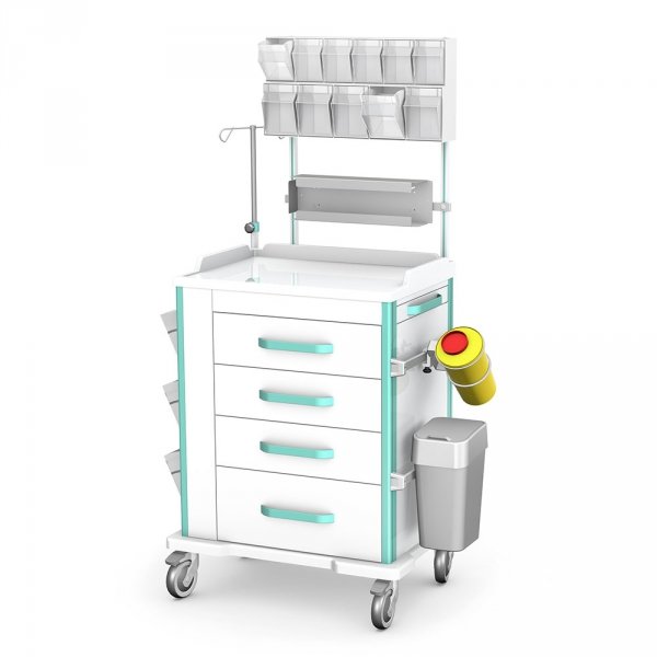 Wózek anestezjologiczny VITAL seria AVIT-41: blat aluminiowy z bandami, szafka z 4 szufladami, blat boczny wysuwany, 3 uchylne pojemniki z PLEXI, nadstawka na 11 poj. (5+6)
