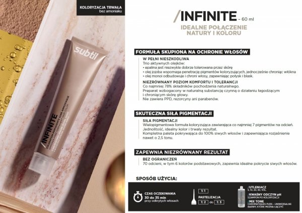Profesjonalna Farba do włosów Subtil BEZ AMONIAKU trwale kryjąca INFINITE 60 ml. Châtain clair cendré irisé 5/12