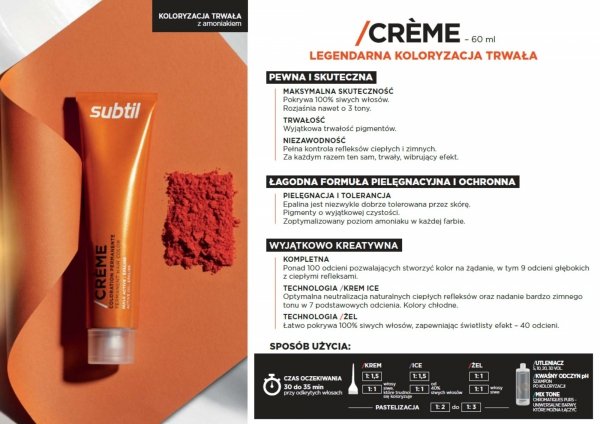 7/44 Crème - Blond Cuivré Profond  Profesjonalna Farba do włosów Subtil CREME  60 ml.