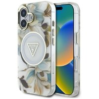Guess Glitter Flowers Triangle Buttons MagSafe - Etui do iPhone 16 (biały) 