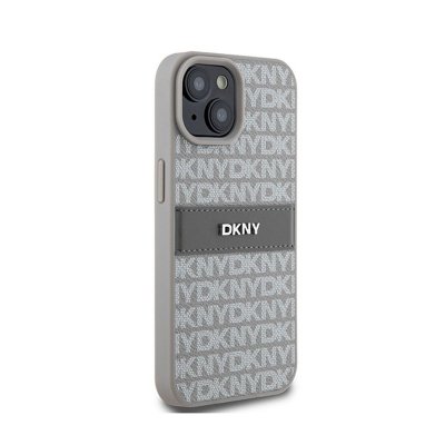 DKNY Leather Mono Stripe & Metal Logo - Etui iPhone 15 Plus / 14 Plus (beżowy)