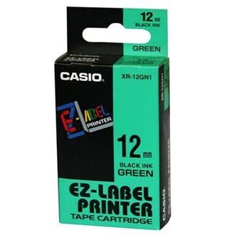 Casio oryginalna taśma do drukarek etykiet. Casio. XR-12GN1. czarny druk/zielony podkład. nielaminowany. 8m. 12mm XR-12GN1