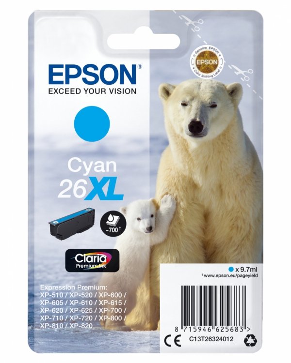 Tusz EPSON  C13T26324022, T263240, 26XL, cyan, 9,7ml, Epson Expression Premium XP-800, XP-700, XP-600 C13T26324022