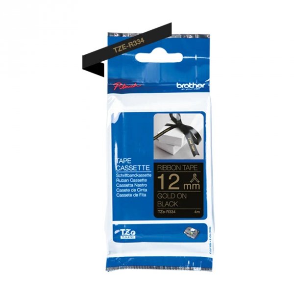 Taśma Brother TZE-R334, złoty druk/czarny podkład, tekstylny, 4m, 12mm