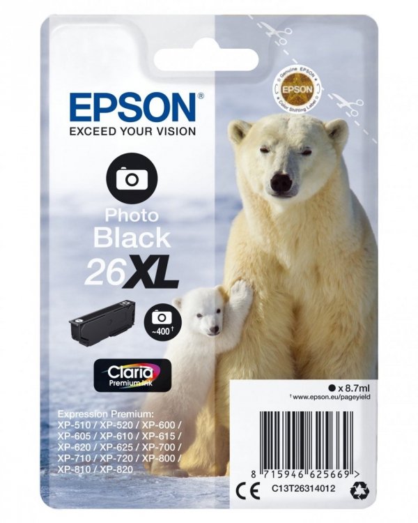 Epson oryginalny tusz C13T26314022, T263140, 26XL, photo black, 8,7ml, Epson Expression Premium XP-800, XP-700, XP-600 C13T26314022