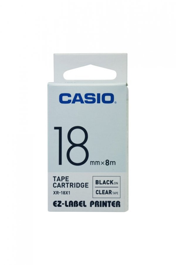 Casio oryginalna taśma do drukarek etykiet. Casio. XR-18X1. czarny druk/przezroczysty podkład. nielaminowany. 8m. 18mm XR-18X1