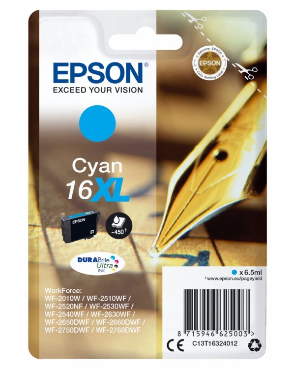 Tusz EPSON C13T16324012, T163240, 16XL, cyan, 6.5ml, Epson WorkForce WF-2540WF, WF-2530WF, WF-2520NF, WF-2010