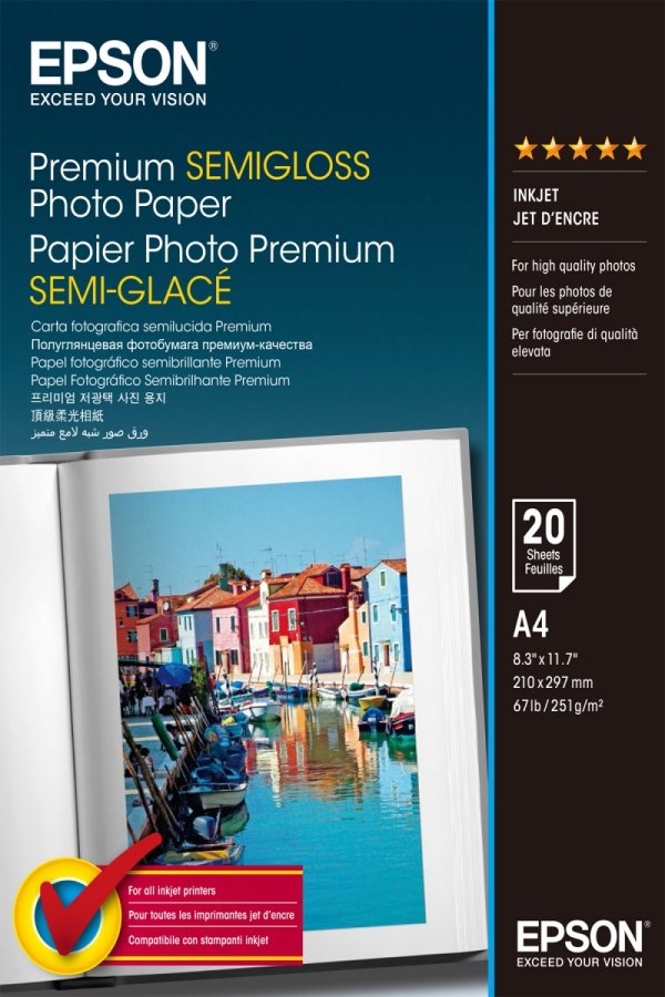 Epson Premium Semigloss Photo, foto papier, półpołysk, biały, Stylus Photo 880, 2100, A4, 251 g/m2, 20 szt., C13S041332, atrament