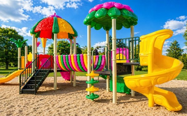 Nowoczesny plac zabaw dla dzieci – zestaw zabawowy z zjeżdżalniami i wieżami, idealny dla przedszkoli i gmin