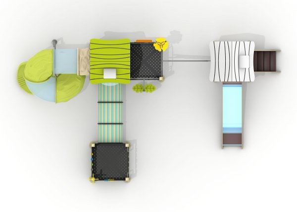 Plac zabaw Zielony Domek Przygód – widok z góry, strefa bezpieczeństwa i układ elementów.