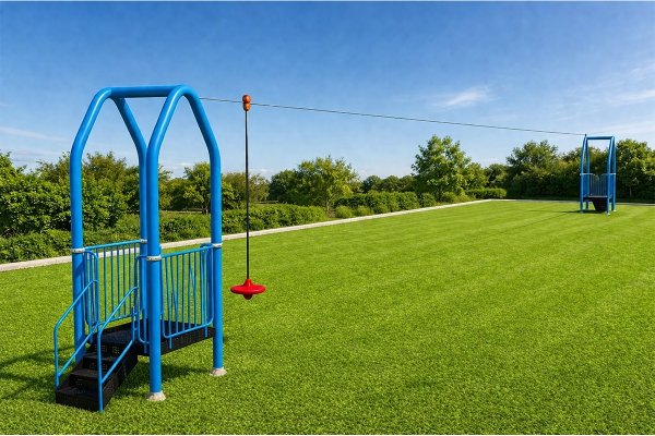 Zjazd linowy z siedziskiem – tyrolka 32,5 m na plac zabaw, widok ogólny