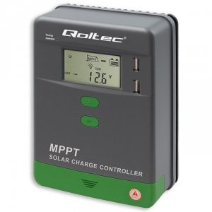 Qoltec Solarny regulator ładowania MPPT z czujnikiem temperatury 20A |  12V/24V | LCD | 2xUSB | GEL | LiFePO4