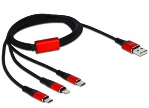 Delock Kabel 3IN1 USB-A(M)->LIGHTNING(M)+MICRO-B(M)+USB-C(M) tylko ładowanie 1M czerwony/czarny