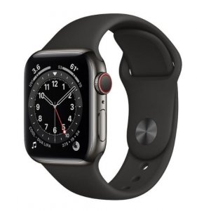 Apple Zegarek Series 6 GPS + Cellular, 44mm koperta ze stali nierdzewnej w kolorze grafitowym z paskiem sportowym w kolorze czar