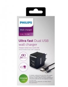 Philips Podwójna ładowarka 5V/3.1A 15.5W micro USB (z kablem micro USB)