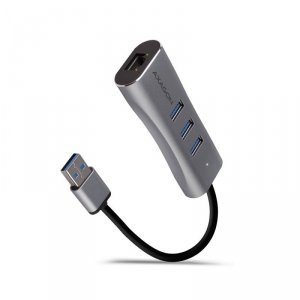 AXAGON HMA-GL3AP Wieloportowy hub metalowy 3x USB-A + GLAN, USB 3.2 Gen 1, 20cm USB-A kabel, microUSB dodatkowe zasilanie