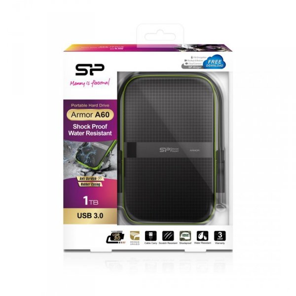 Dysk zewnętrzny HDD Silicon Power Armor A60 (1TB; 2.5&quot;; USB 3.2; 5400 obr/min; Green-Black; SP010TBPHDA60S3K)