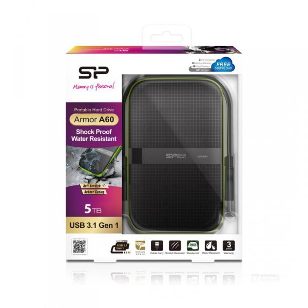 Dysk zewnętrzny HDD Silicon Power Armor A60 (5TB; 2.5&quot;; USB 3.2; 5400 obr/min; Green-Black; SP050TBPHDA60S3K)