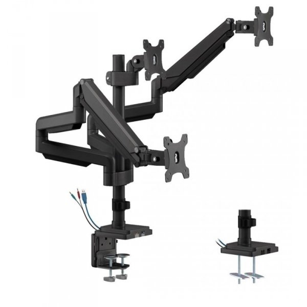Uchwyt biurkowy do trzech monitorów Maclean Ergo Office ER-408B czarny, ze sprężyną gazową, 17&quot;-30&quot;, 7 kg, 1x USB 3.0,