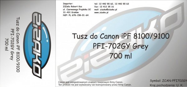 Tusz zamiennik Yvesso PFI-702GY Grey 700ml do Canon iPF8100 iPF9100 CF2221B001AA