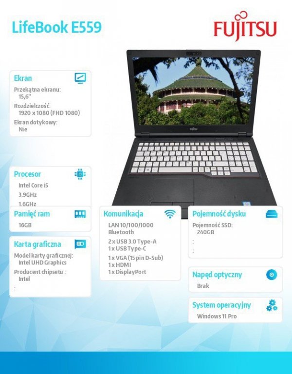 Fujitsu Notebook poleasingowy LifeBook E559 Core i5-8265U (8-gen)1,6 GHz / 16 GB / SSD 240GB / 15.6" FullHD / Win 11 Pro