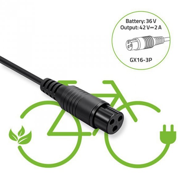 Qoltec Ładowarka do roweru elektrycznego 36V | 42V | 2A | 3P-GX16 + kabel zasilający