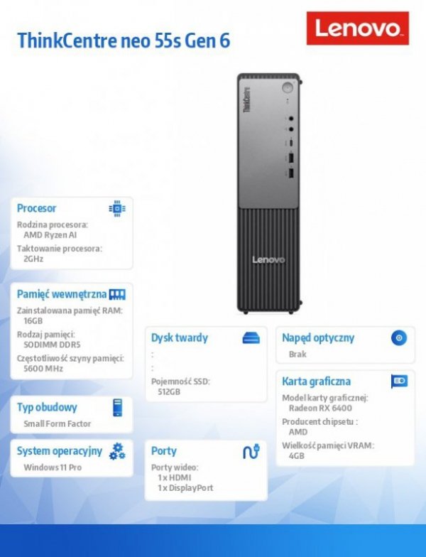 Lenovo Komputer ThinkCentre Neo 55s G6 SFF 13FK001RPB W11Pro 5 330/16GB/512GB/RX 6400 4GB/3YRS OS