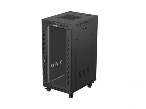 Lanberg Szafa instalacyjna rack stojąca 19" 24U  600x800 czarna drzwi przeszklone LCD ( Flat pack) V2