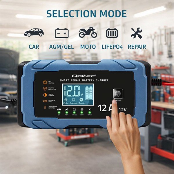 Qoltec Ładowarka 12V 12A | Prostownik z funkcją naprawy | AGM GEL       LiFePO4 | 9-stopniowe ładowanie