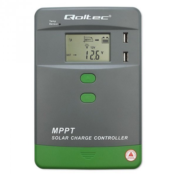 Qoltec Solarny regulator ładowania MPPT z czujnikiem temperatury 20A |  12V/24V | LCD | 2xUSB | GEL | LiFePO4