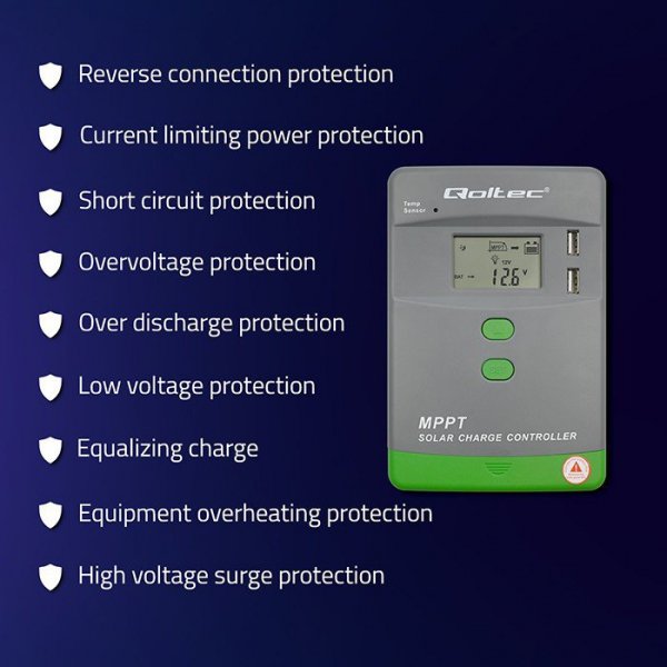 Qoltec Solarny regulator ładowania MPPT z czujnikiem temperatury 20A |  12V/24V | LCD | 2xUSB | GEL | LiFePO4