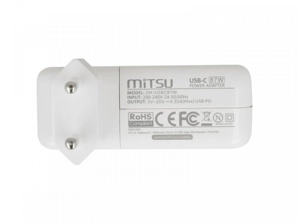 Mitsu Zasilacz ładowarka do laptopa 87W USB-C 5V-9V-12V-15V/3A, 20V/3.25A, 20.2V/4.3A PD