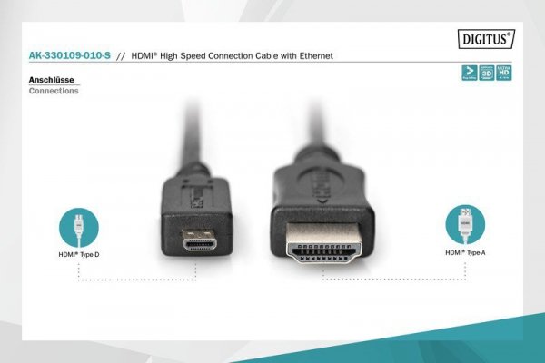 Digitus Kabel połączeniowy HDMI HighSpeed z Ethernetem 4K 60Hz UHD Typ HDMI A/HDMI D M/M 1m Czarny
