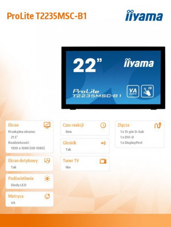 IIYAMA 21,5&#039;&#039; T2235MSC-B1 DOTYK HDMI/DVI/10P