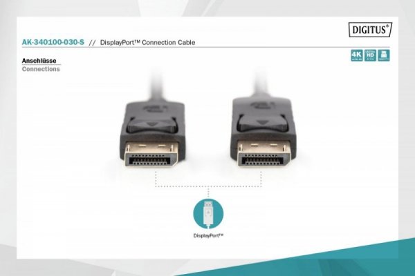 Digitus Kabel połączeniowy DisplayPort z zatrzaskami 4K 60Hz UHD Typ DP/DP M/M czarny 3m