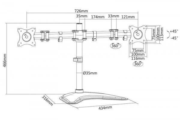 Digitus Stojak biurkowy podwójny, 2xLCD, max. 27&quot;, max. obciążenie 8kg, uchylno-obrotowy 360° (PIVOT)