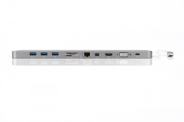 Digitus Stacja dokująca 12&quot; USB Typ C, 11 dodatkowych portów, funkcja Dual Monitor, 4K 30Hz, aluminiowa