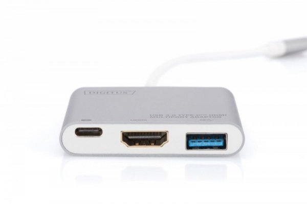 Digitus Multi Adapter 1xHDMI 4K 30Hz UHD, 1xUSB Typ C PD (61W), 1xUSB A 3.0 na USB Typ C, Aluminiowy