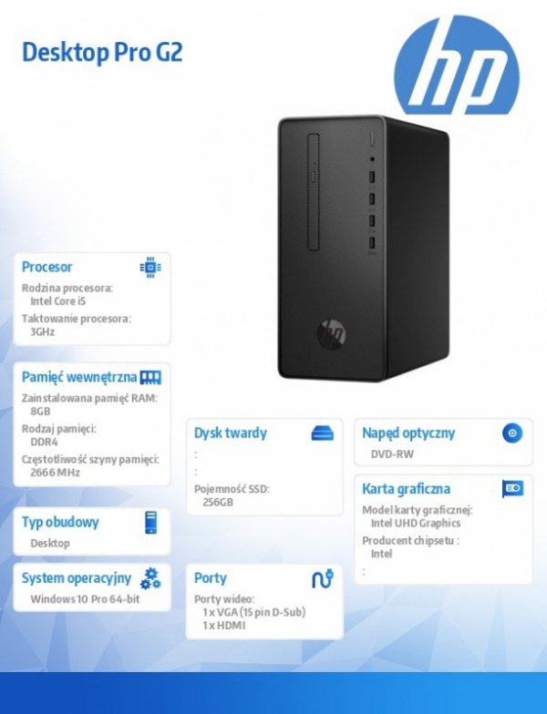 HP Inc. Desktop Pro G2 i5-8500 W10P 256/8G/DVD/      5QL29EA