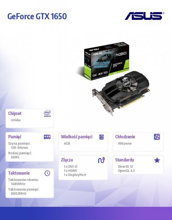 Asus Karta graficzna GeForce GTX 1650 PH OC 4G 128bit GDDR5 HDMI/DP/DVI-D