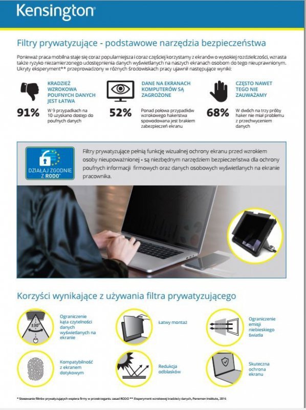 Kensington Filtr prywatyzujący, 2-stronny, zdejmowany, do monitora 20 cali, 16:9