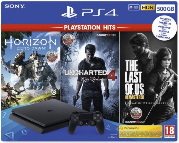 Sony Playstation 4 500GB + Horizon Zero Dawn + Uncharted 4 Kres Złodzieja + The Last of Us Remastered