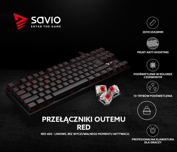 Elmak Klawiatura mechaniczna gamingowa Savio Tempest RX TKL Outemu RED, LED czerwony, NKRO, Anty-ghosting