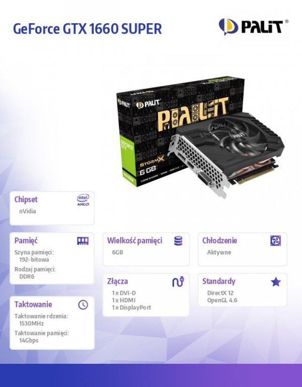 Palit Karta graficzna GeForce GTX 1660 SUPER StormX 6GB GDDR6 192bit DP/HDMI/DVI-D