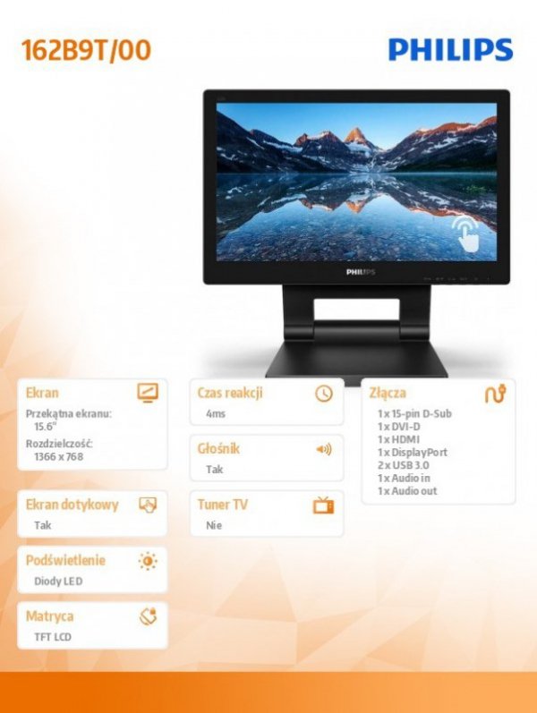 Philips Monitor 162B9T 15.6 cali LED Touch DVI HDMI DP